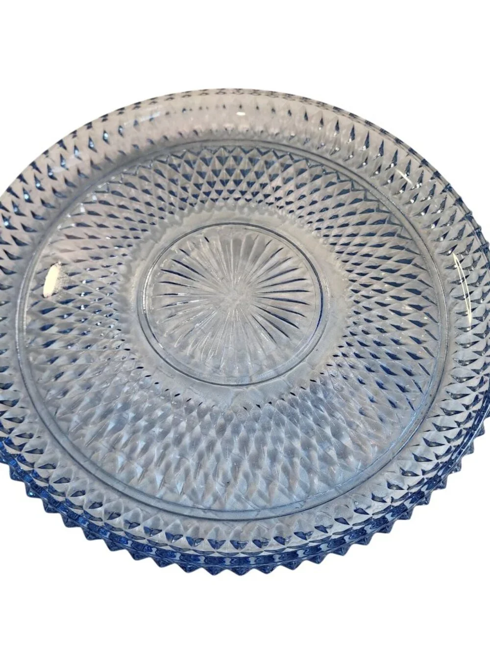 Vintage Indiana Glass Diamond Point torte plate / dip bowl set Ice Blue 1960's